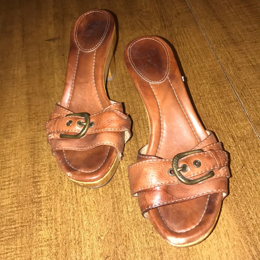 frye Wooden and leather slides